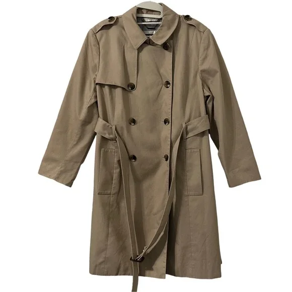 Liz Claiborne New York Double Breasted Trench Coat XL Khaki Belted Minimalist - Picture 2 of 6